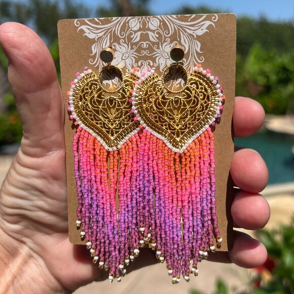 Handmade Beaded Long Fringe Dangle Drop Lightweight Sweetheart Post Earrings - Picture 3 of 10